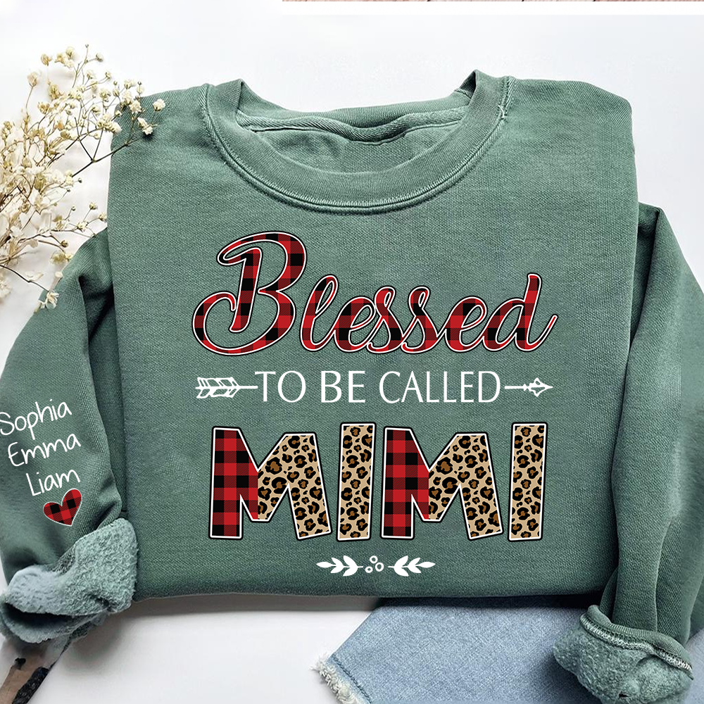 Personalized Blessed To Be Called Nana Sweatshirt With Grandkids Names, Custom Grandma Gift, Leopard Plaid Nana Crewneck