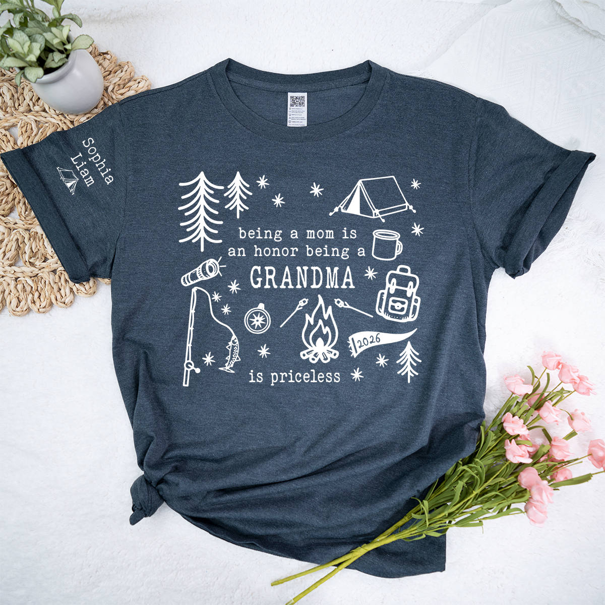 Personalized Camping Grandma Shirt, Custom Grandkids Names Sleeve Tee, Being a Mom Is an Honor Being a Grandma Is Priceless