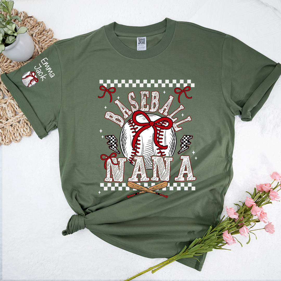 Baseball Nana T-Shirt, Personalized Nana T-Shirt with Bow and Vintage Baseball Design