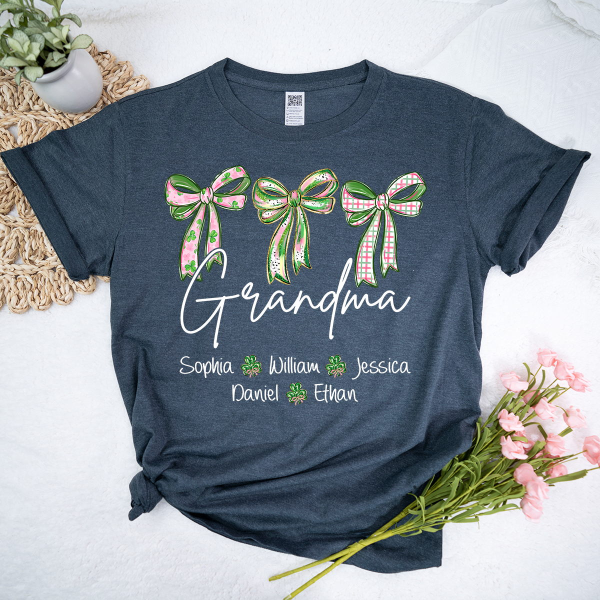 Lucky Grandma Personalized Shirt, Shamrock and Bow St Patrick Day Theme, Custom Names Family Shirt for Grandma