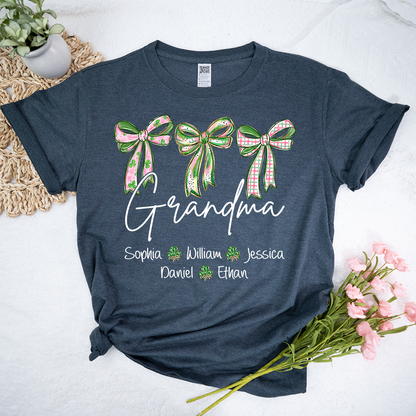 Lucky Grandma Personalized Shirt, Shamrock and Bow St Patrick Day Theme, Custom Names Family Shirt for Grandma