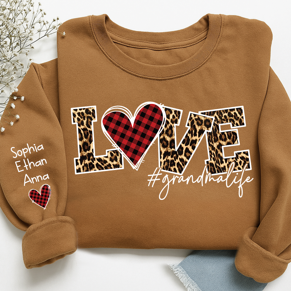 Grandma Sweatshirt Personalized with Names, Love Leopard Print Heart, Cozy Family Crewneck for Grandma