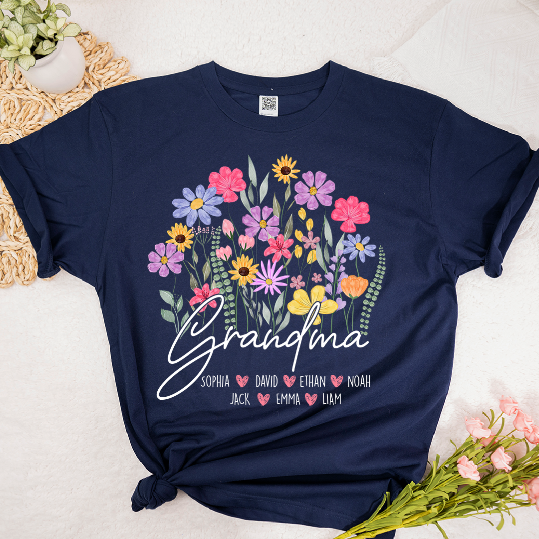 Personalized Grandma Floral Shirt, Custom Family Names T-Shirt with Wildflower Design