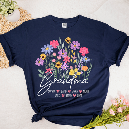 Personalized Grandma Floral Shirt, Custom Family Names T-Shirt with Wildflower Design