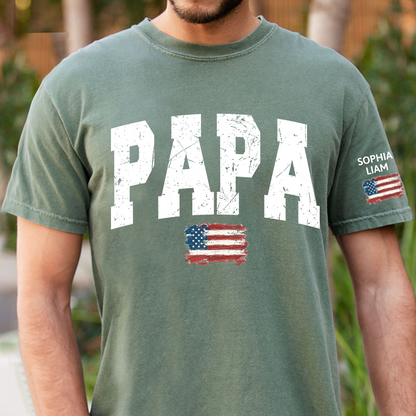 Personalized American Flag Printed Papa T-Shirt, With Custom Grandpa And Kids