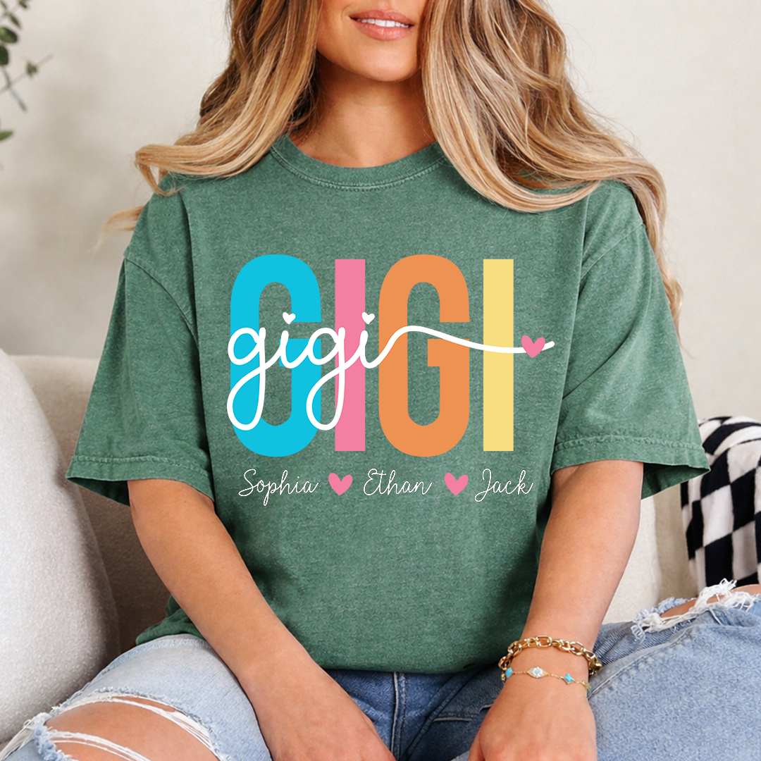 Personalized Gigi Shirt with Grandkids Names, Colorful GIGI Graphic Tee, Custom Grandma T Shirt, Family Gift for Gigi from Grandchildren