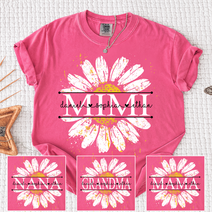 Comfort Personalized Mimi Shirt with Grandkids Names, Daisy Flower Graphic Family T Shirt