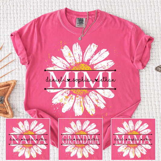 Comfort Personalized Mimi Shirt with Grandkids Names, Daisy Flower Graphic Family T Shirt