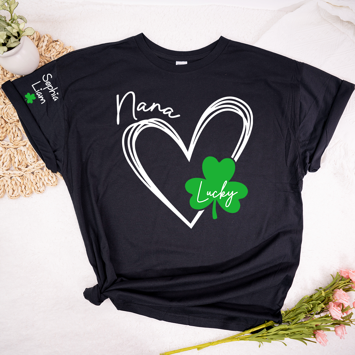 Nana Lucky Shamrock Heart T Shirt Personalized with Kids Names, Custom Grandma Shirt for St Patrick’s Day Celebration, Family Matching Green Clover Top