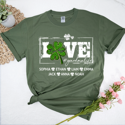 Grandma St Patrick’s Day Shirt, LOVE Shamrock Grandmalife Personalized Family T Shirt