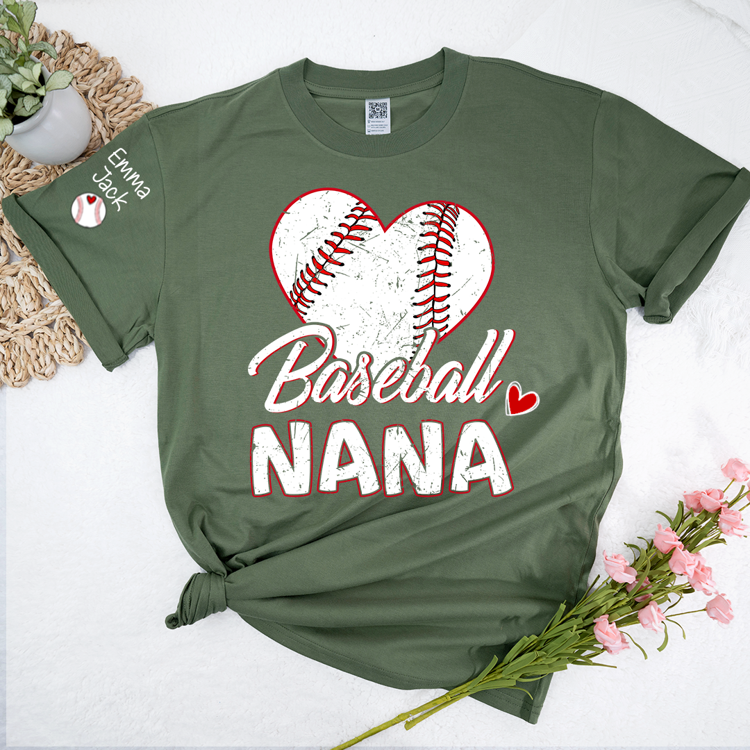 Baseball Nana T-Shirt With Custom Grandkids Names, Heart Graphic Design For Gift Gradma And Kids