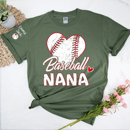 Baseball Nana T-Shirt With Custom Grandkids Names, Heart Graphic Design For Gift Gradma And Kids