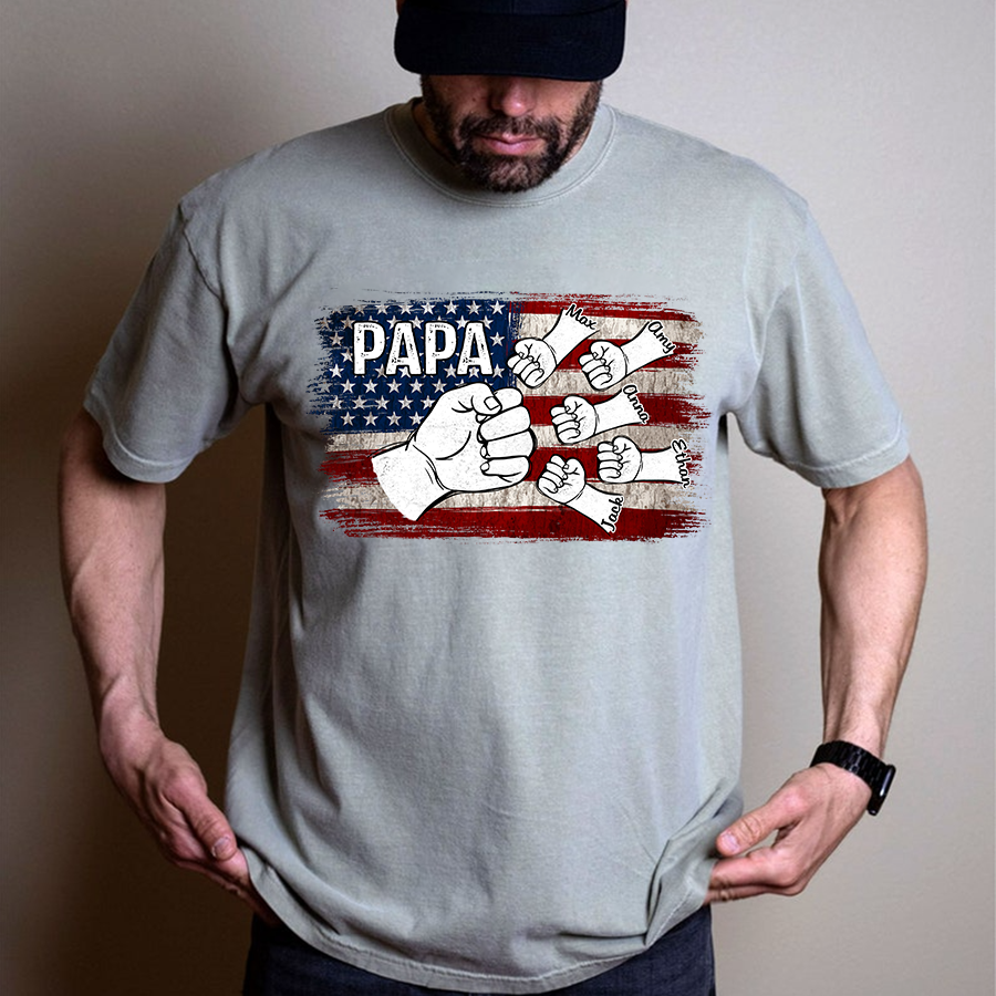 Comfort Colors® Papa Fist Bump Shirt with Kids Names – American Flag Custom T-Shirt for Dad