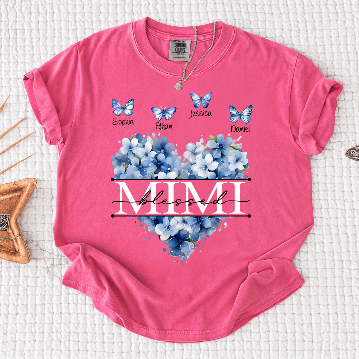 Comfort Colors Blessed Mimi T Shirt, Personalized with Kids Names, Heart Shaped Floral Design with Butterflies, Perfect for Mimi