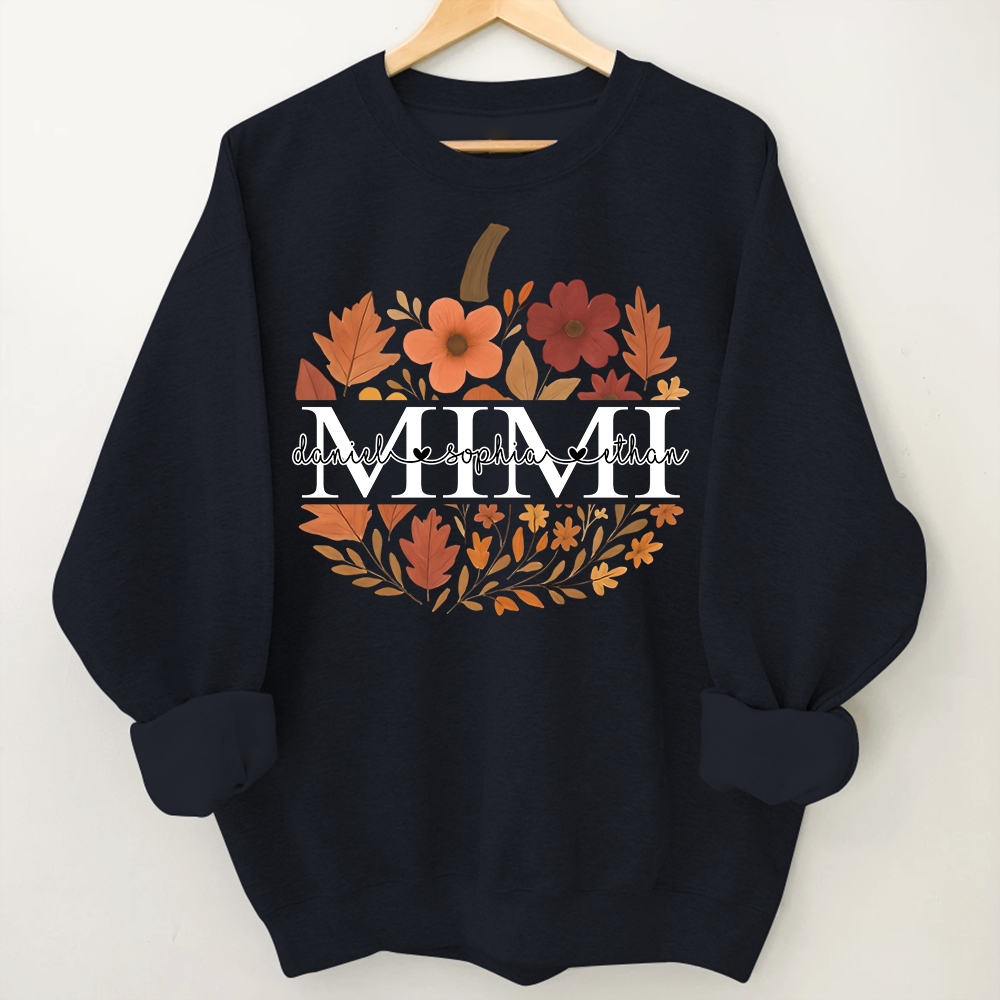 Mimi Pumpkin Floral Sweatshirt, Custom Grandchildren Names Fall Shirt, Personalized Autumn Grandma Gift, Cozy Family Outfit