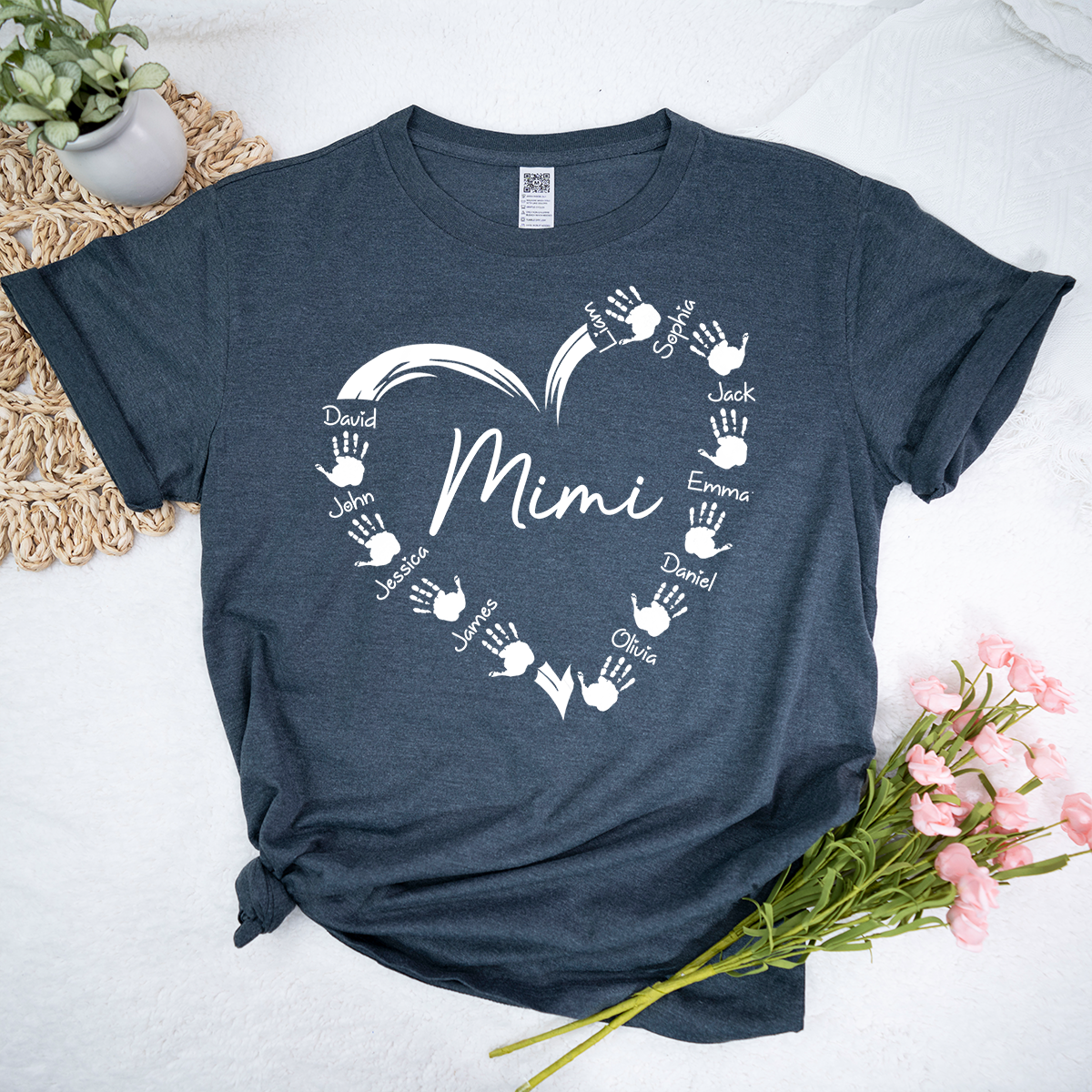 Personalized Mimi Shirt with Grandkids Names, Custom Handprint Heart Mimi T-Shirt for Grandma