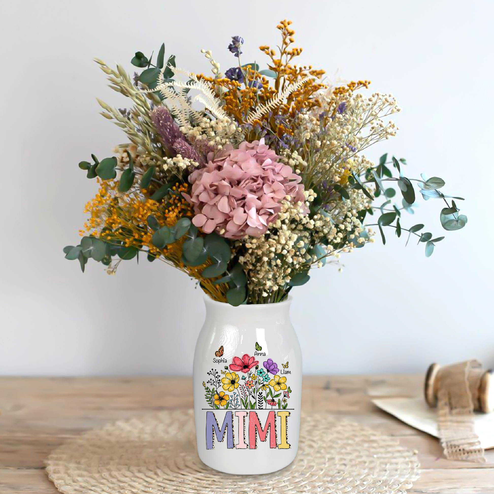 Wild Flower, Hand Drawn Blooming Wildflower Mimi And Kids - Custom Home Decoration Flower Vase According To Family Requirements - Warm Gift For Mother's Day, Ceramic Flower Vase