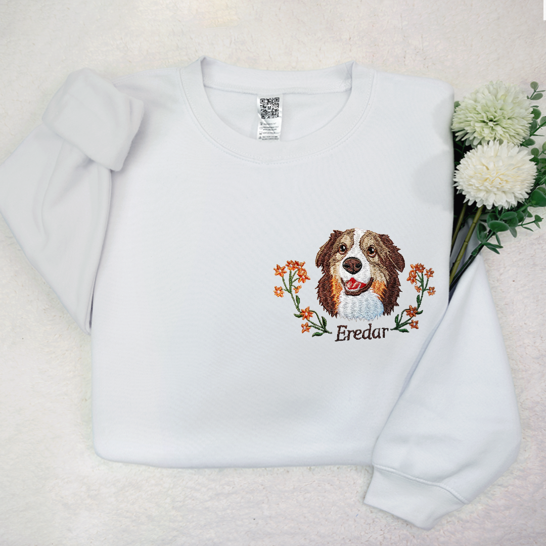 Custom Dog Portrait Embroidered Sweatshirt, Personalized Pet Face and Pet name Sweatshirt