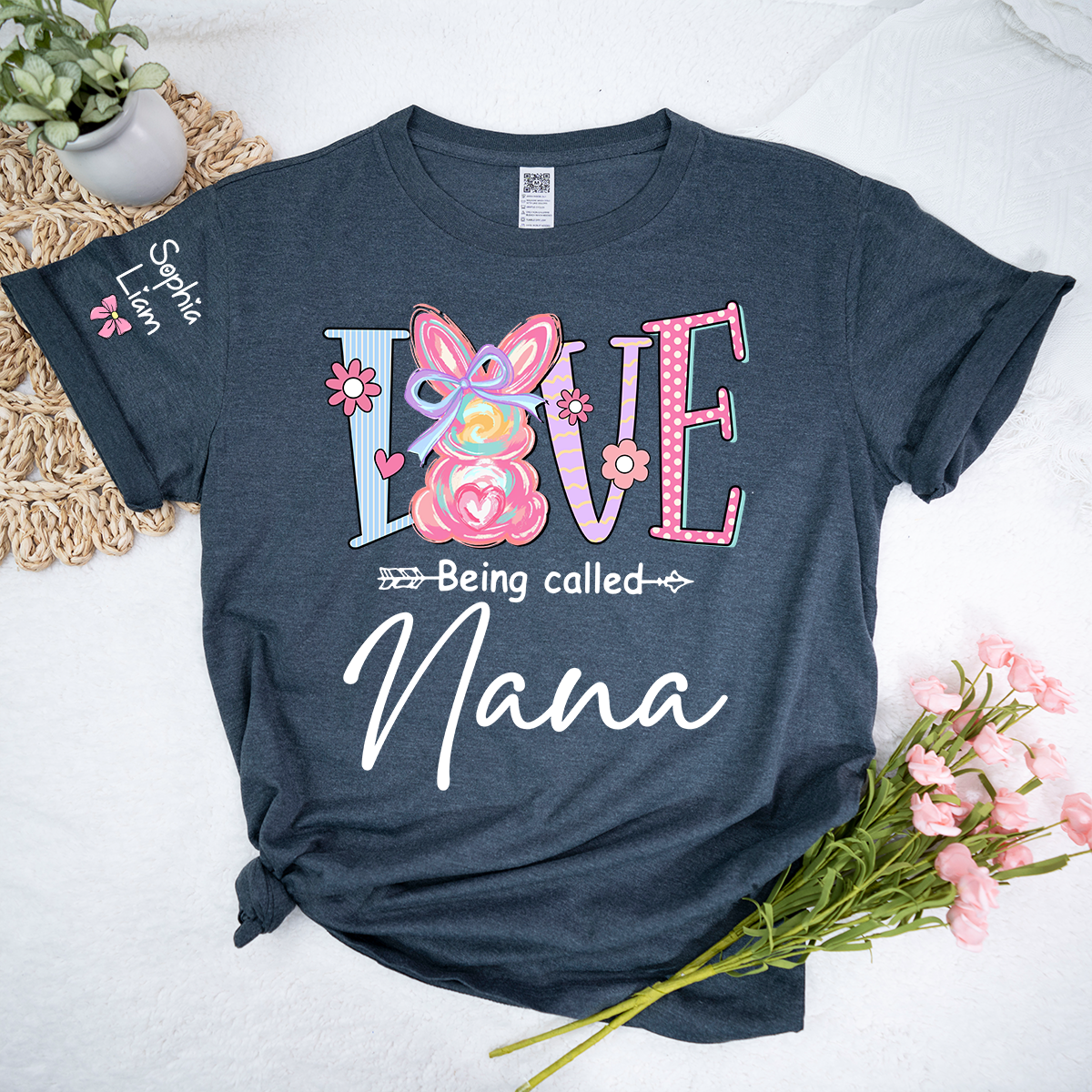 Love Being Called Nana Shirt Personalized, Custom Bunny Grandma Tee with Grandchild Name