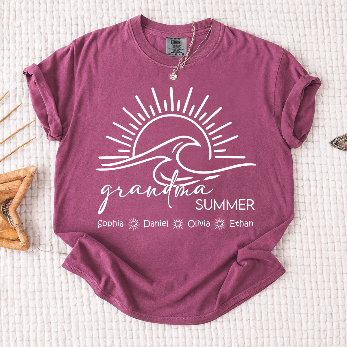 Comfort Colors Personalized Grandma Summer Shirt, Custom Grandkids Names Wave T-Shirt, Beach Vacation Grandma Gift, Family Matching Tee