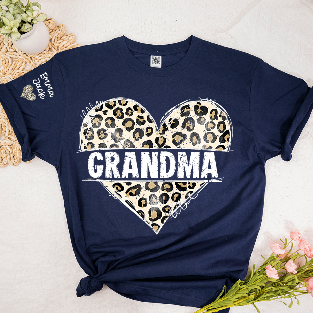 Leopard Heart Grandma Shirt, Personalized Grandkids Names Family T Shirt
