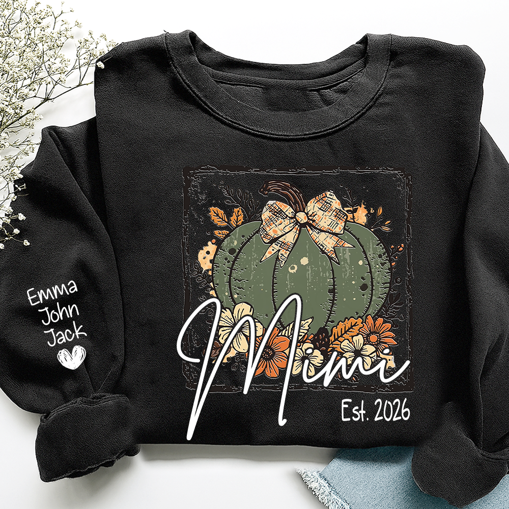 Mimi Pumpkin Shirt for Women, Floral Fall Bow Design Tee, Personalized Grandma T Shirt, Cozy Autumn Gift Idea