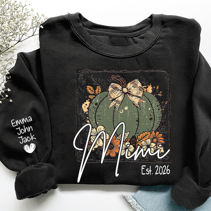 Mimi Pumpkin Shirt for Women, Floral Fall Bow Design Tee, Personalized Grandma T Shirt, Cozy Autumn Gift Idea