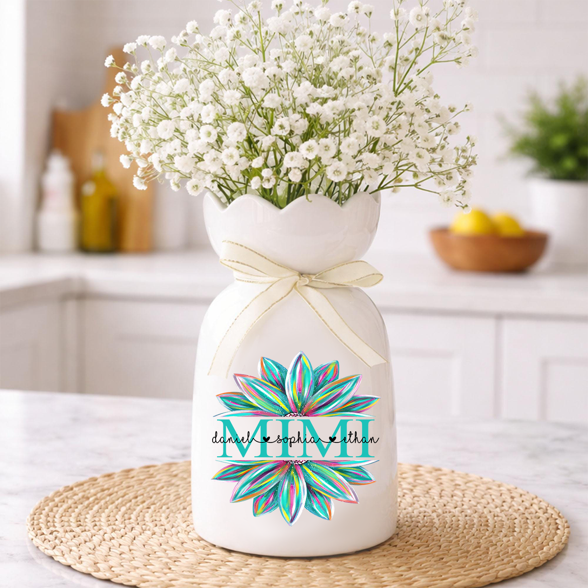 Custom Mimi Flower Vase, Personalized Floral Heart Design with Grandkids' Names, Ideal Gift for Mimi, Mother's Day, Birthday