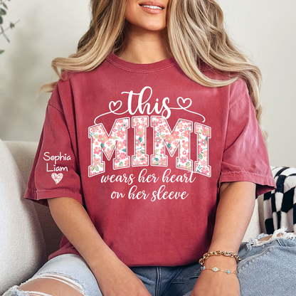 This Mimi Wears Her Heart On Her Sleeve Shirt, Personalized Mimi Shirt with Kids Names on Sleeve, Custom Grandma Gift