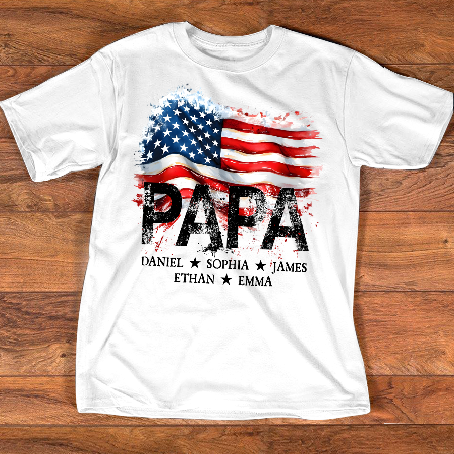Papa American Flag Shirt, Personalized Papa Tee with Kids Names, Patriotic Grandpa Gift, Custom Family Shirt for Dad