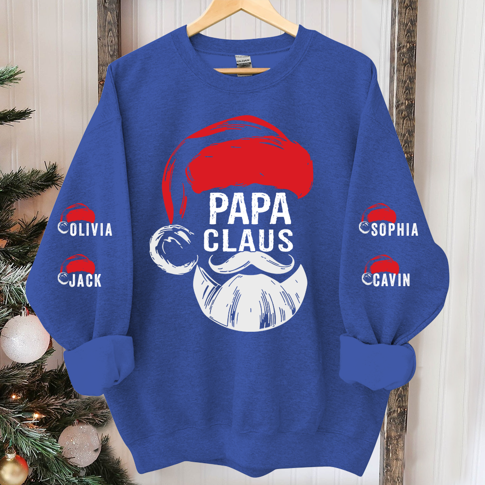 Personalized Papa Claus Sweatshirt, Custom Grandpa With Grandkids Name On The Sleeve Sweatshirt