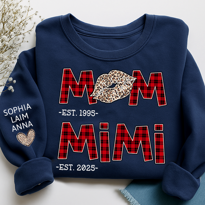 Personalized Mom Mimi Sweatshirt, Custom Leopard Lips Plaid Letters
