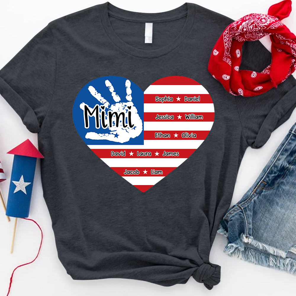 Mimi Custom T Shirt with Family Names, American Flag Heart and Handprint Design, Ideal Gift for Mimi