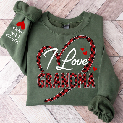 Custom Grandma Sweatshirt with Grandchildren Names, I Love Grandma Plaid Heart Crewneck