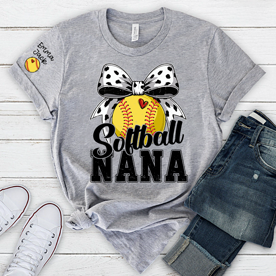 Proud Softball Nana T Shirt, Personalized Kids Names Sports Shirt with Bow Graphic