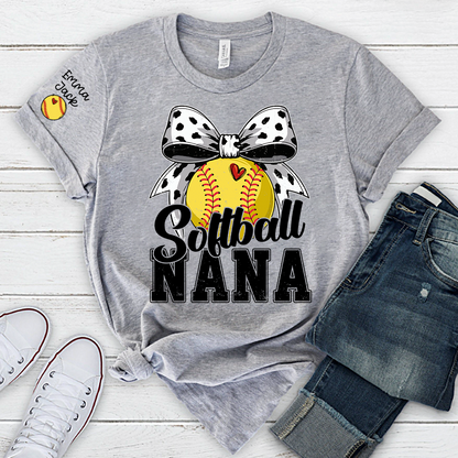 Proud Softball Nana T Shirt, Personalized Kids Names Sports Shirt with Bow Graphic
