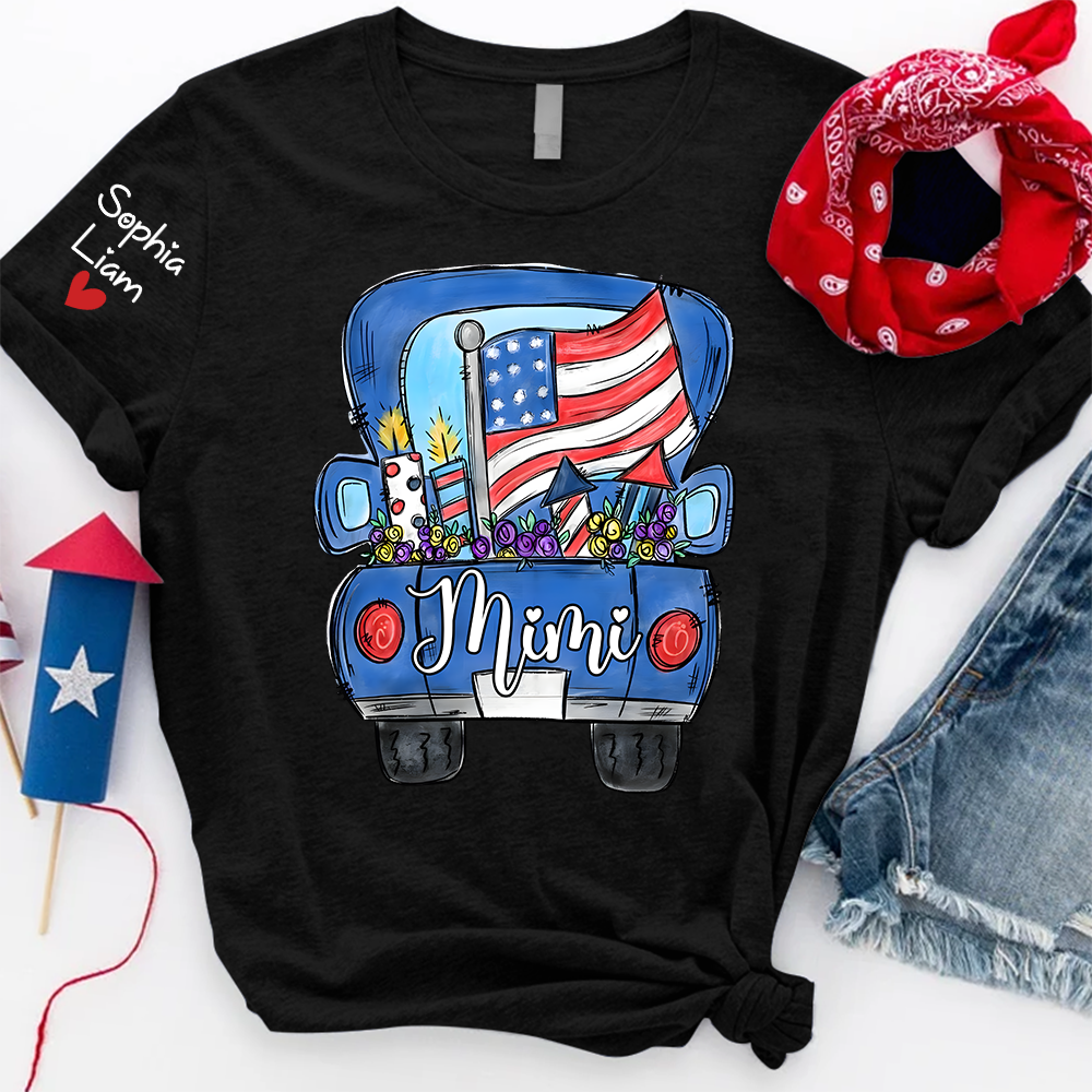 Mimi Shirt with Custom Names, Patriotic Pickup Truck Fireworks Graphic, Independence Day Family Matching Outfit