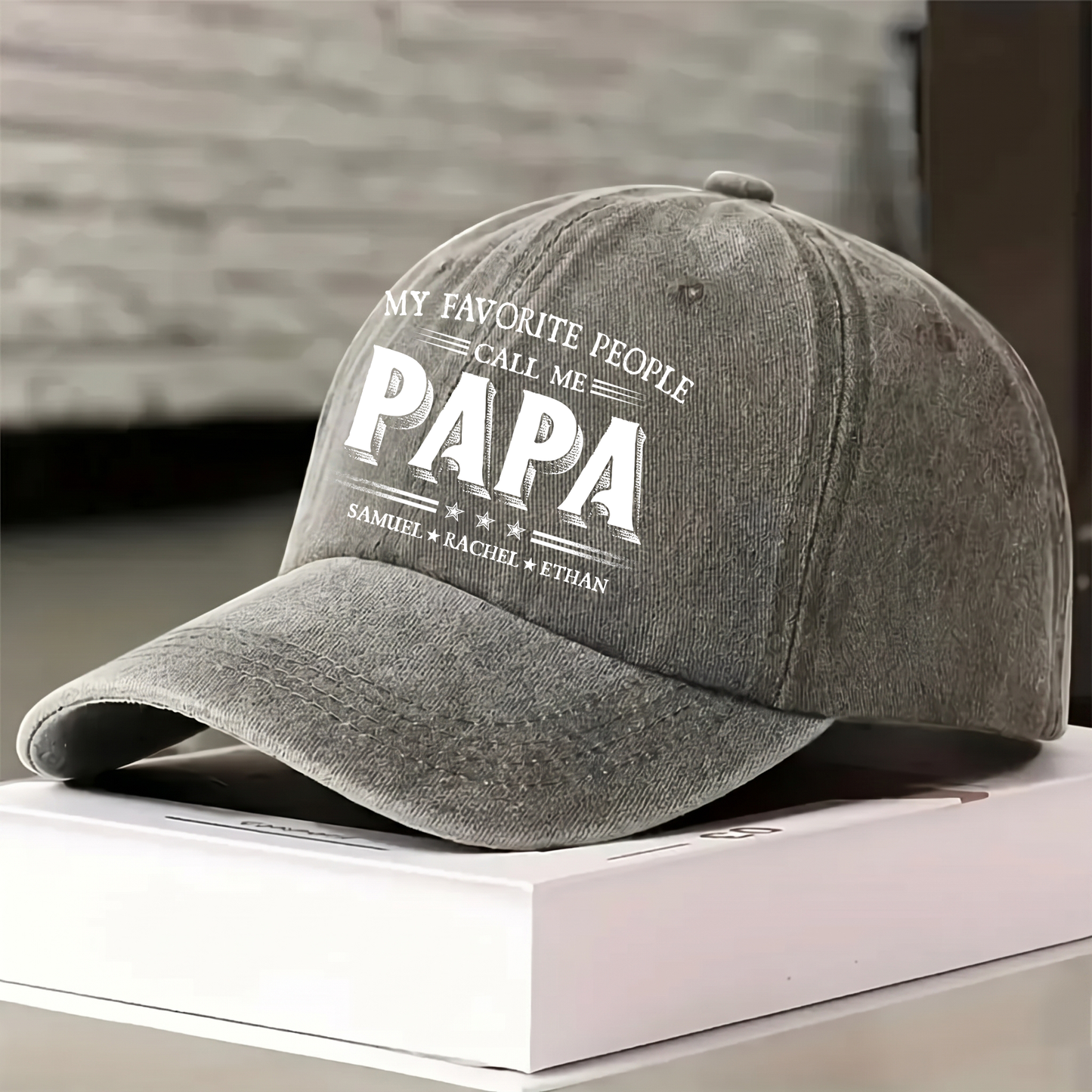 Personalized Washed Denim Baseball Cap with Papa Quote, Custom Kids' Names, Vintage Dad Hat, Unique Gift for Fathers & Grandpas
