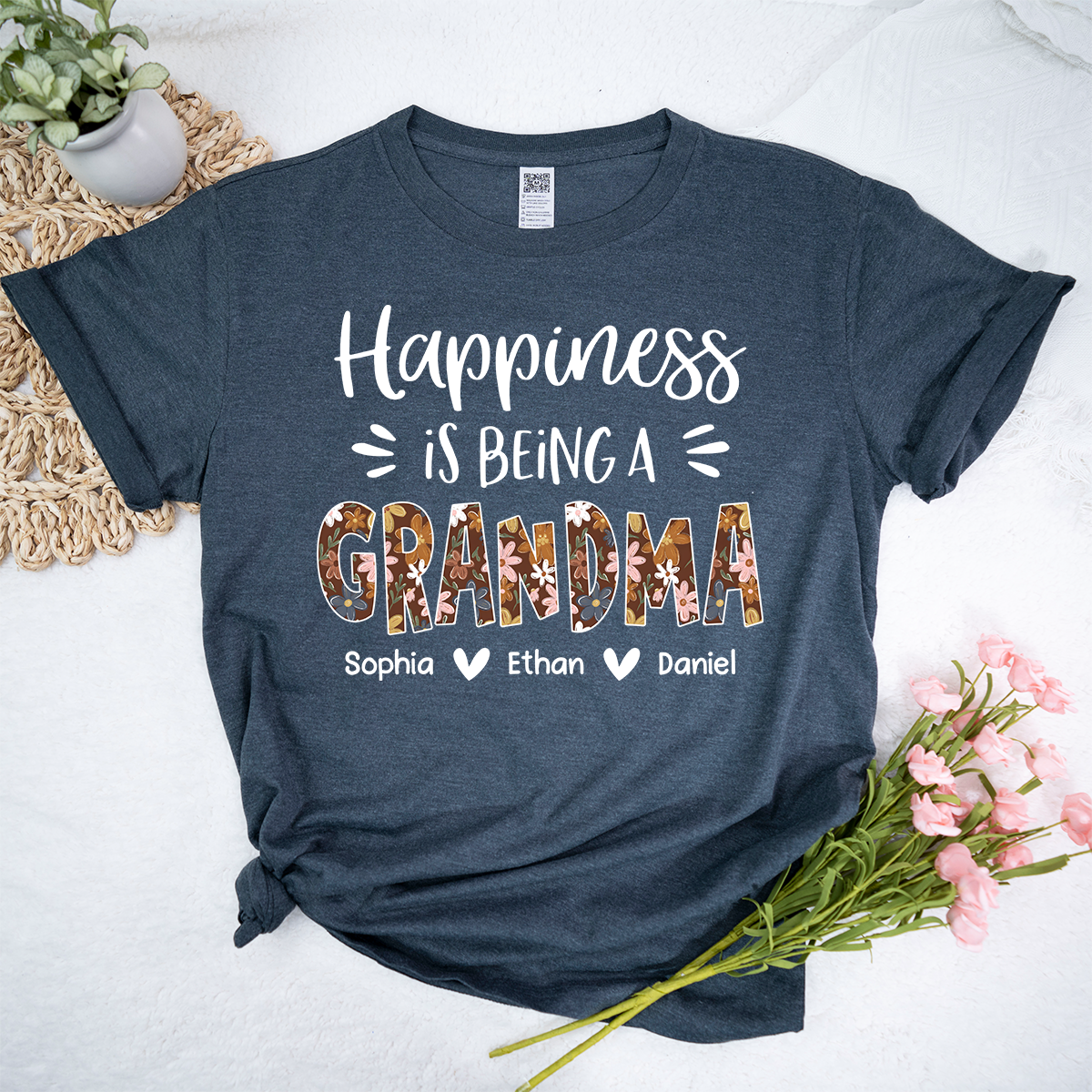 Happiness Is Being a Grandma Shirt, Floral Pattern Grandma Tee, Personalized Name Gift for Grandma