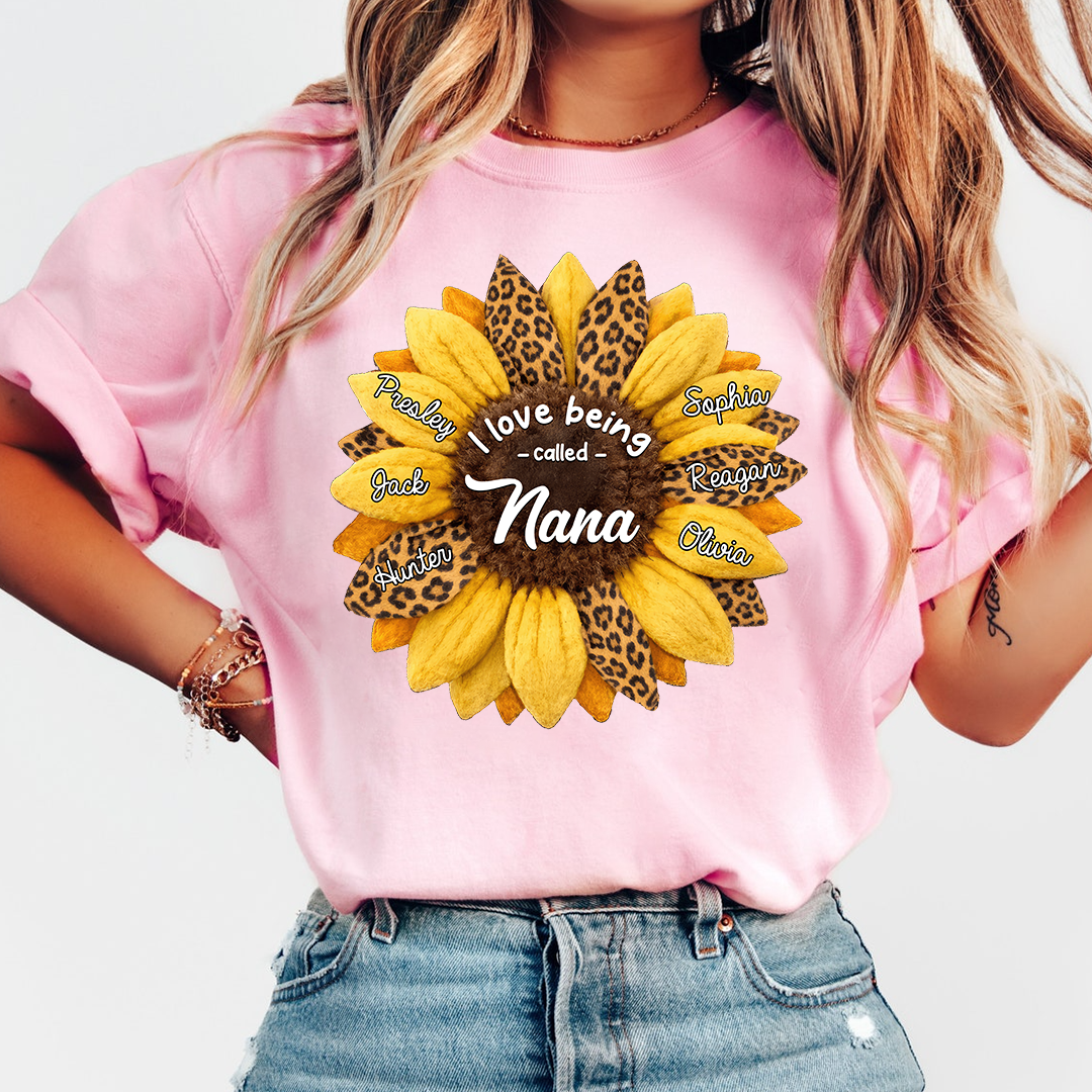 Custom Grandma Shirt, Personalized Sunflower Leopard Print Tee with Kids' Numbers, Gift for Grandma
