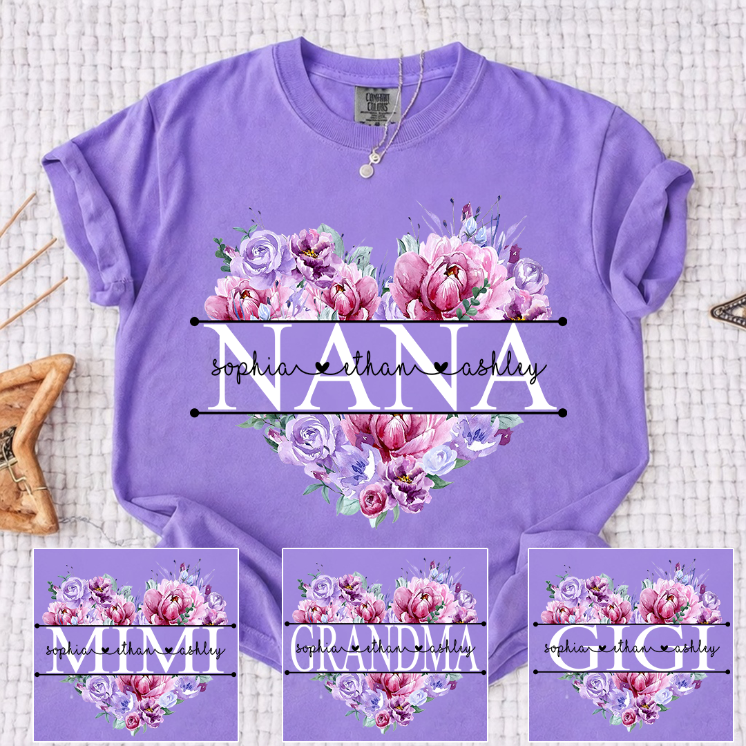 Comfort Color Personalized Nana Shirt Purple Floral Heart Design Custom Grandma Mimi Gigi Name Tee with Grandkids Names Elegant Family Outfit for Women
