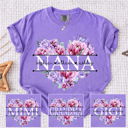 Comfort Color Personalized Nana Shirt Purple Floral Heart Design Custom Grandma Mimi Gigi Name Tee with Grandkids Names Elegant Family Outfit for Women