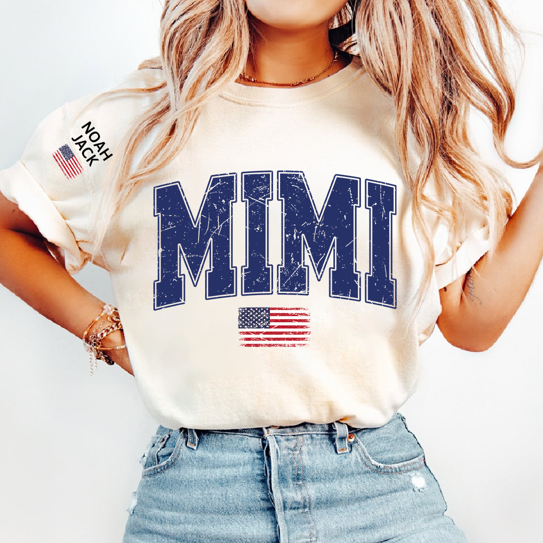Mimi Patriotic Shirt with American Flag, Personalized Grandkids Names Family T Shirt