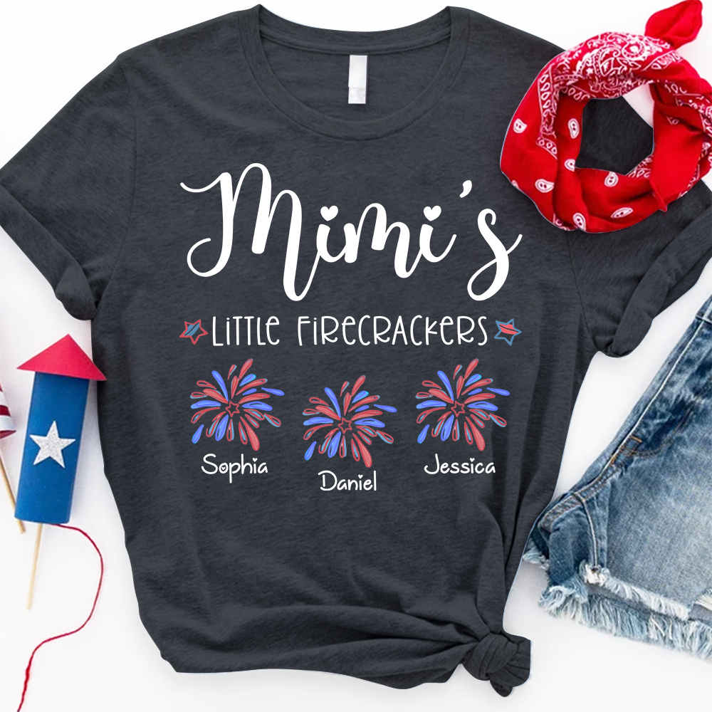 Mimi’s Little Firecrackers T Shirt, Custom Names with Firework Graphic, Great Gift for Grandma on 4th of July or Birthday