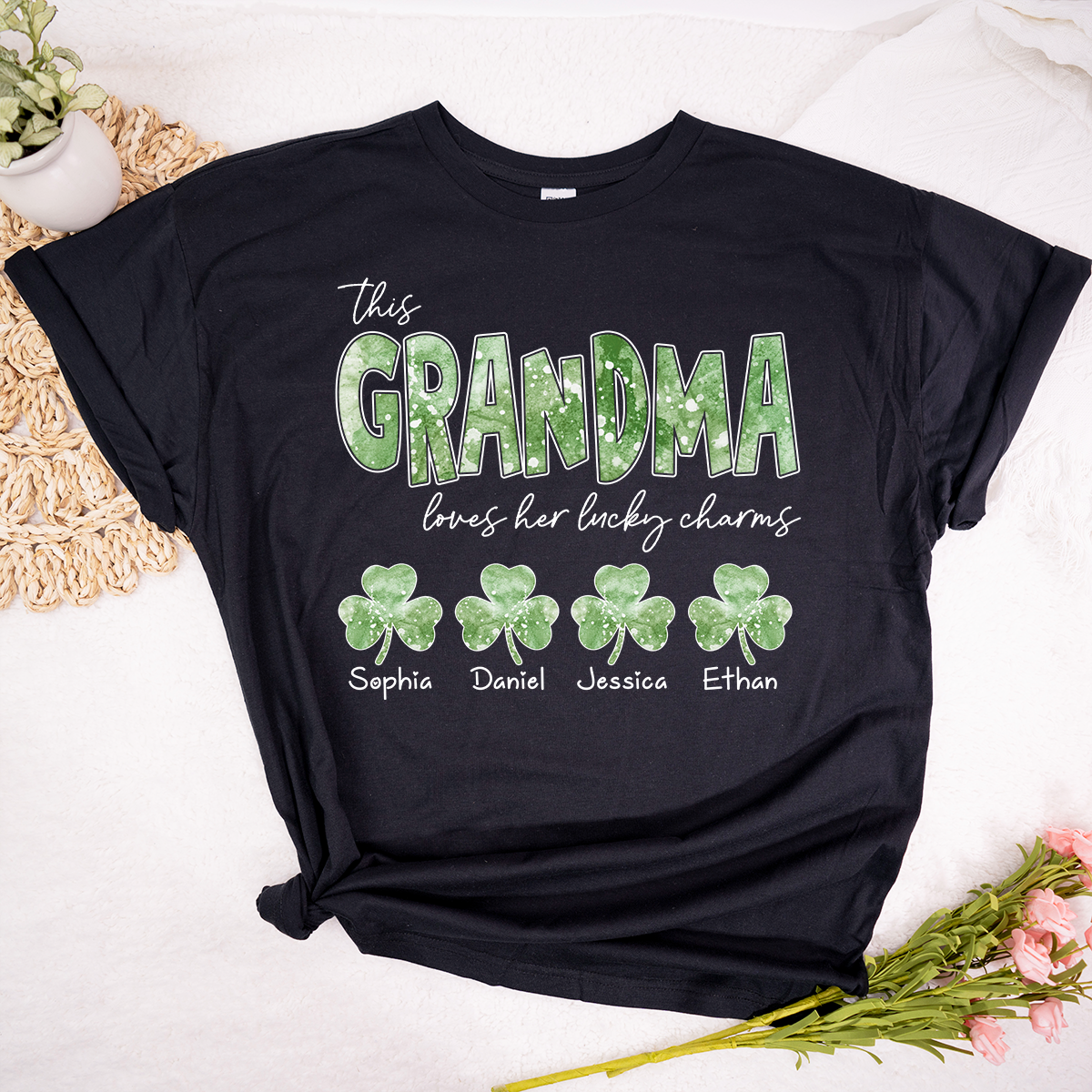This Nana Loves Her Lucky Charms Grandma Shirt, Custom Name Shamrock T Shirt, St Patrick’s Day Nana Gift from Grandkids