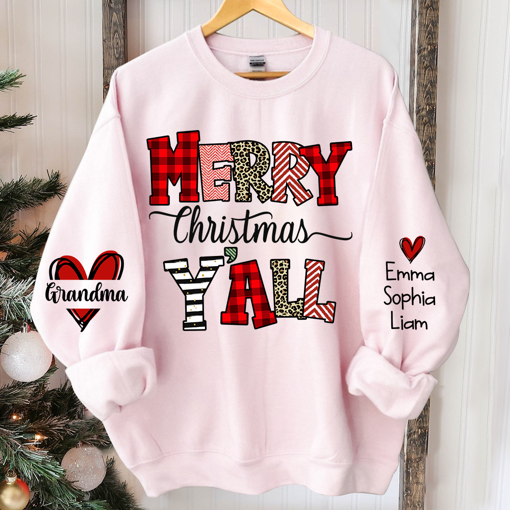 Merry Christmas Y'all Leopard Plaid, Custom Grandma And Kids TH Sweatshirt
