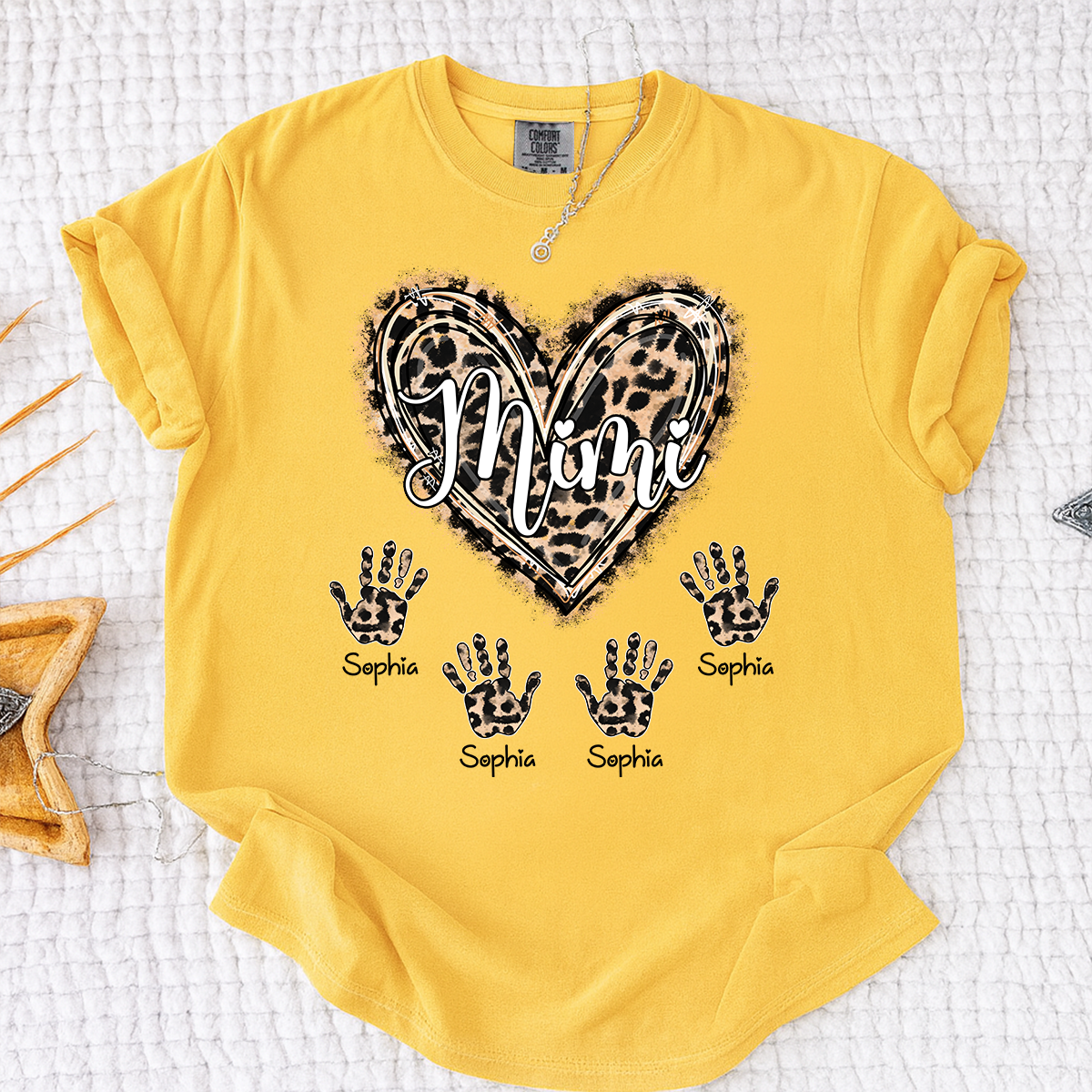 Comfort Colors Mimi Leopard Heart Shirt, Custom Handprint T Shirt with Grandkids Names, Unique Gift for Mimi, Personalized Family Shirt