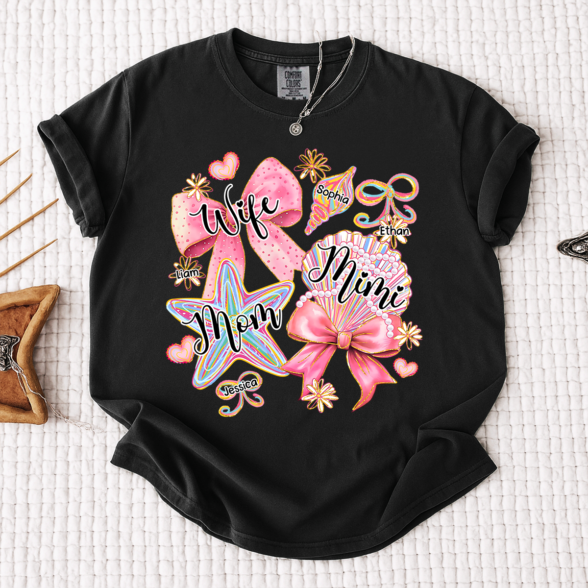 Comfort Colors Personalized Wife Mom Mimi Beach Shirt with Grandkids Names, Custom Grandma Coastal T Shirt for Women, Summer Family Vacation Gift