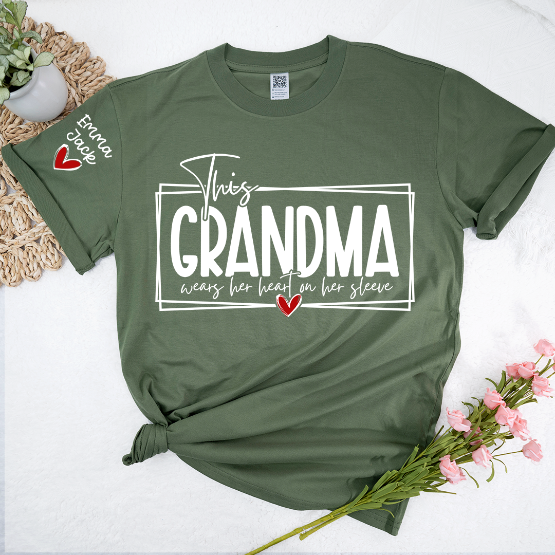 Custom Grandma Family Shirt, This Grandma Wears Her Heart Quote T Shirt