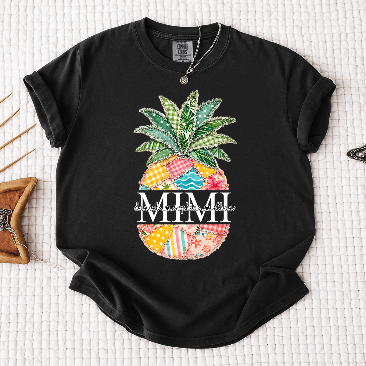 Comfort Colors Custom Mimi Pineapple Patchwork Shirt, Personalized Grandma Beach Tee with Grandchildren Names, Summer Family Gift